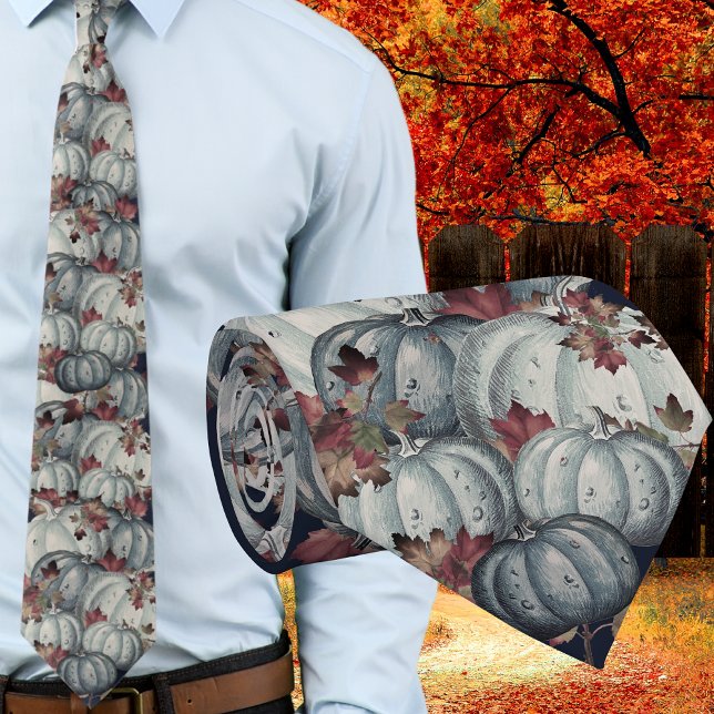 Boho Fall Blue White Watercolor Pumpkin Autumn Tie (Creator Uploaded)