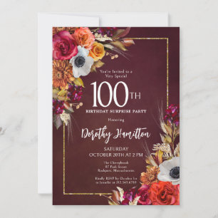 Boho Fall Burgundy Floral Script 100th Birthday Invitation