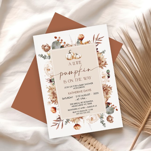 Boho Fall Fall Little Pumpkin Baby Shower  Invitation (Little Pumpkin Baby Shower Invitation, Boho Floral Fall Baby Shower Invitation, Autumn Pumpkins)