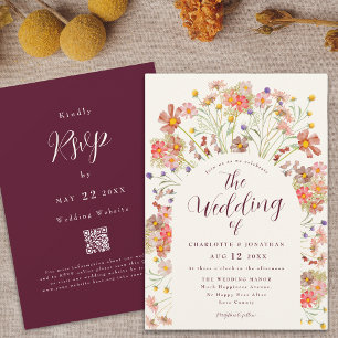 Boho Fall Floral Arch Burgundy Cream Wedding Invitation
