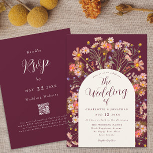 Boho Fall Floral Arch Burgundy Wedding Invitation