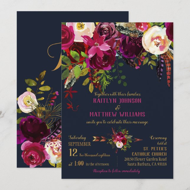 Boho Fall Floral Arrow Bouquet Wedding Invitation (Front/Back)