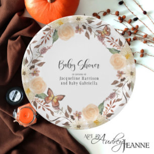 BOHO Fall Floral Autumn Butterfly Baby Shower Paper Plate