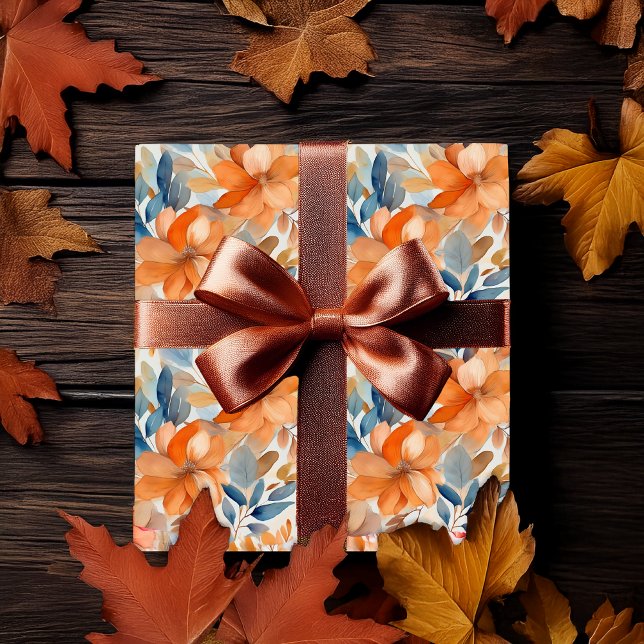 Boho Fall Floral Blooms Terracotta Apricot Blue Wrapping Paper (Boho Fall | Autumn Floral Blooms Terracotta Apricot Blue Wrapping Paper)