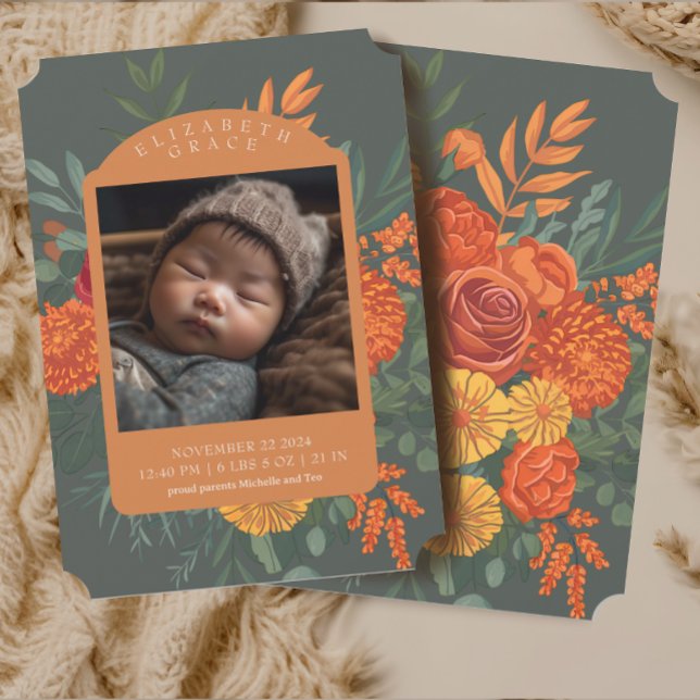 Boho Fall Floral Border Baby Birth Announcement (Creator Uploaded)