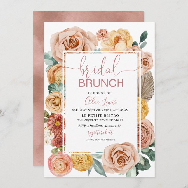 Boho Fall Floral Bridal Brunch  Invitation (Front/Back)