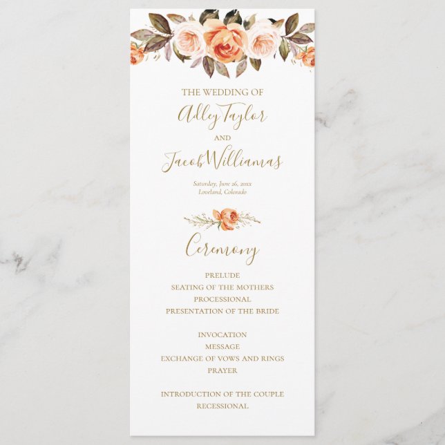 Boho Fall Floral Burnt Orange Wedding Program Programme (Front)