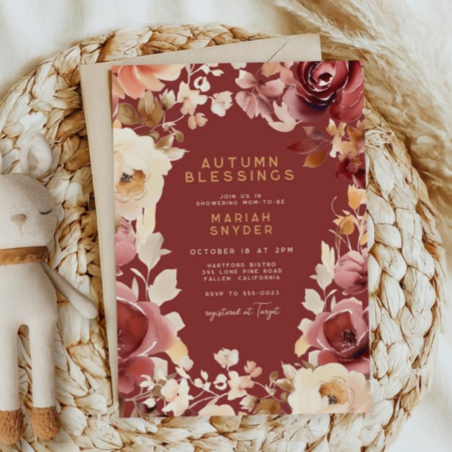 Boho Fall Floral Gold Cream Scarlet Baby Shower Invitation (Creator Uploaded)