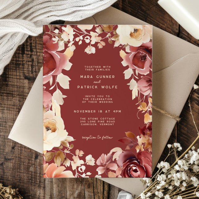 Boho Fall Floral Gold Cream Scarlet Wedding Invitation (Creator Uploaded)