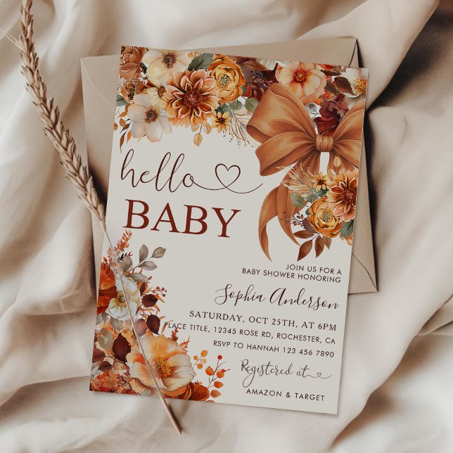 Boho Fall Floral Hello Baby Baby Shower Party Invitation (Creator Uploaded)