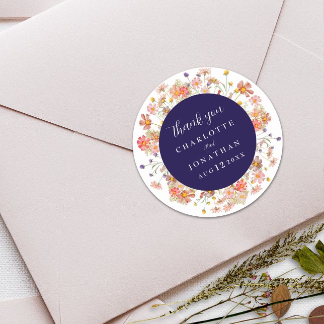 Boho Fall Floral Navy Blue Wedding Thank You Classic Round Sticker (Boho fall rustic wildflower floral navy blue white wedding thank you custom favor sticker Modern )