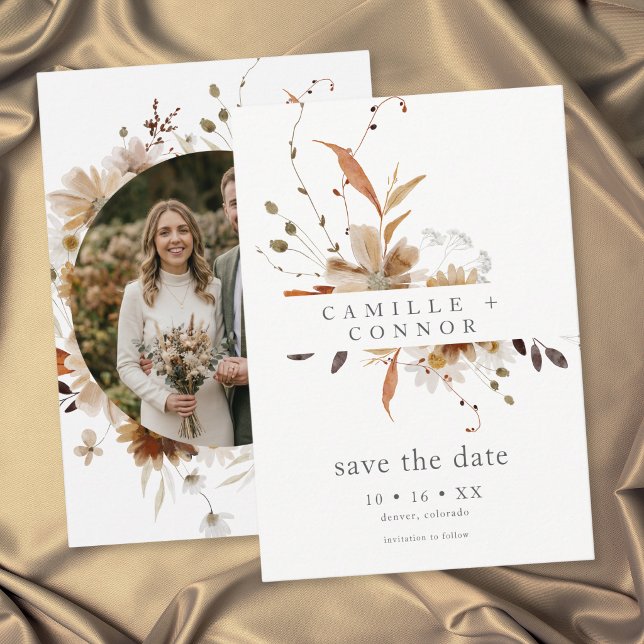 Boho Fall Floral Neutral Rustic Photo Wedding Save The Date (Boho Fall Floral Neutral Rustic Photo Wedding Save The Date)
