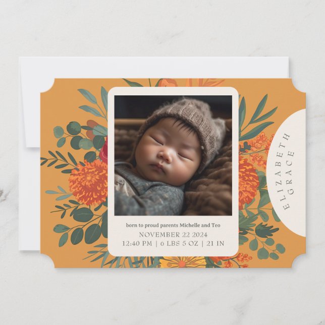 Boho Fall Floral Newborn Birth Announcement (Front)