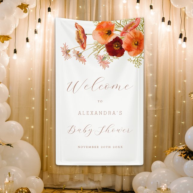 Boho Fall Floral Personalised Baby Shower Banner (Boho fall floral personalized baby shower welcome banner Watercolor wildflower elegant modern script)