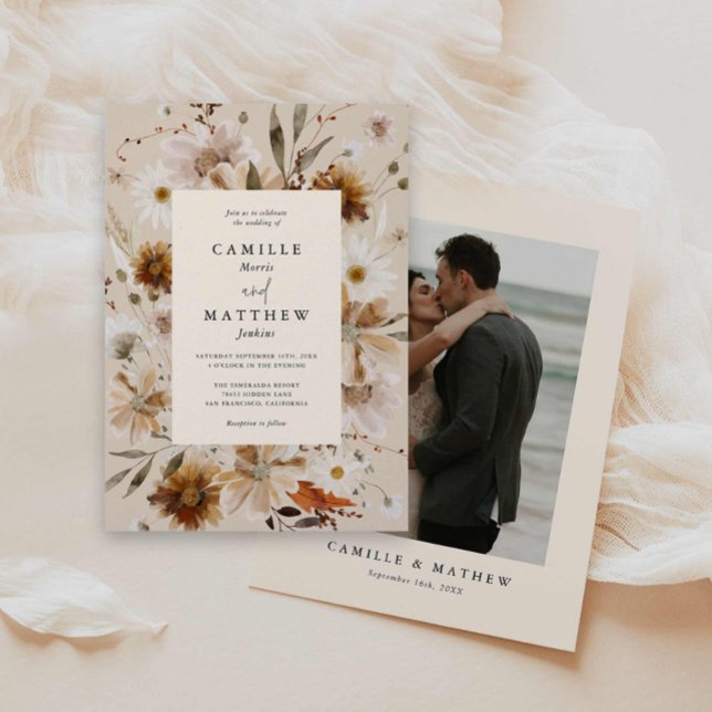 Boho Fall Floral Photo Wedding Invitation (Elegant Fall Floral Wedding Invitation)
