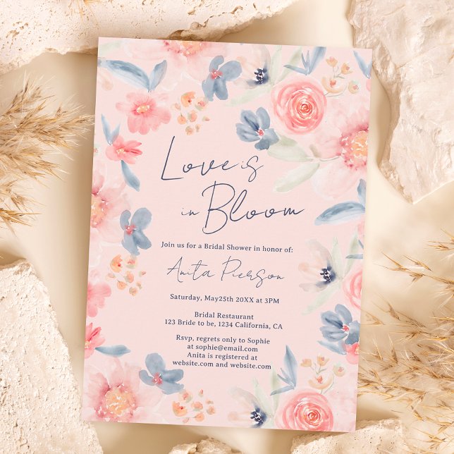 Boho fall floral pink blue elegant bridal shower invitation (Creator Uploaded)