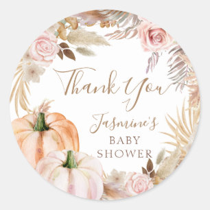 Boho Fall Floral Pumpkin Baby Shower Classic  Round Sticker