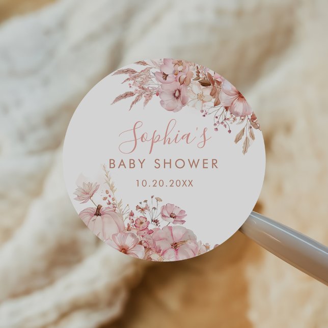 Boho Fall Floral Pumpkin Baby Shower  Classic Round Sticker (Creator Uploaded)