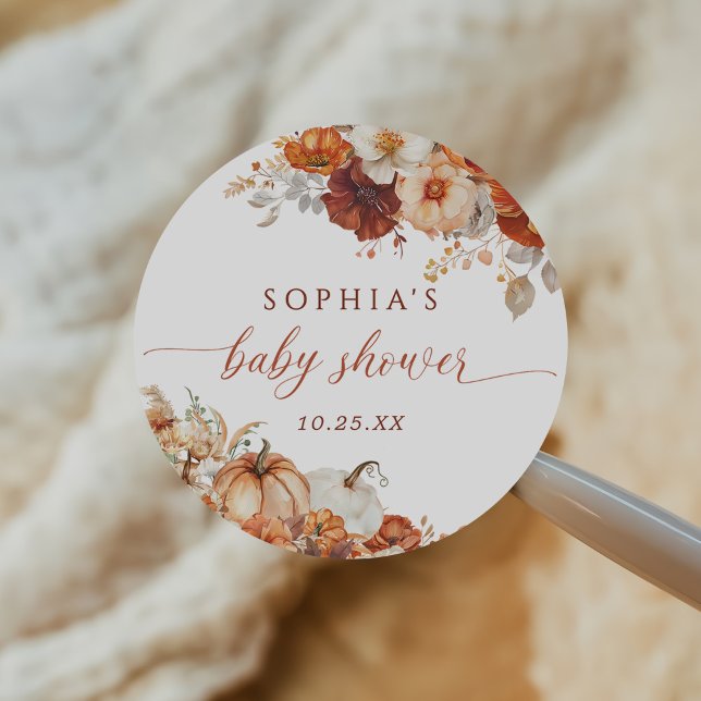 Boho Fall Floral Pumpkin Baby Shower  Classic Round Sticker (Creator Uploaded)