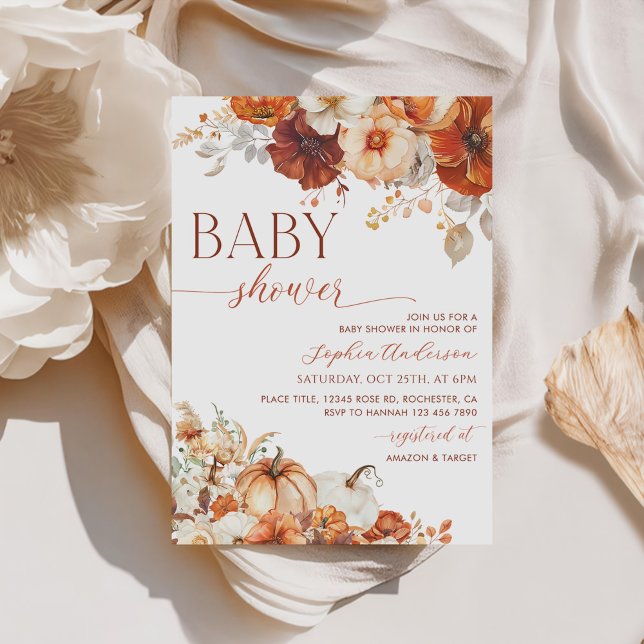 Boho Fall Floral Pumpkin Baby Shower Invitation (Creator Uploaded)