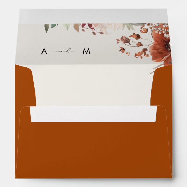 Boho Fall Floral Terracotta Monogram Wedding Envelope (Back (Bottom))