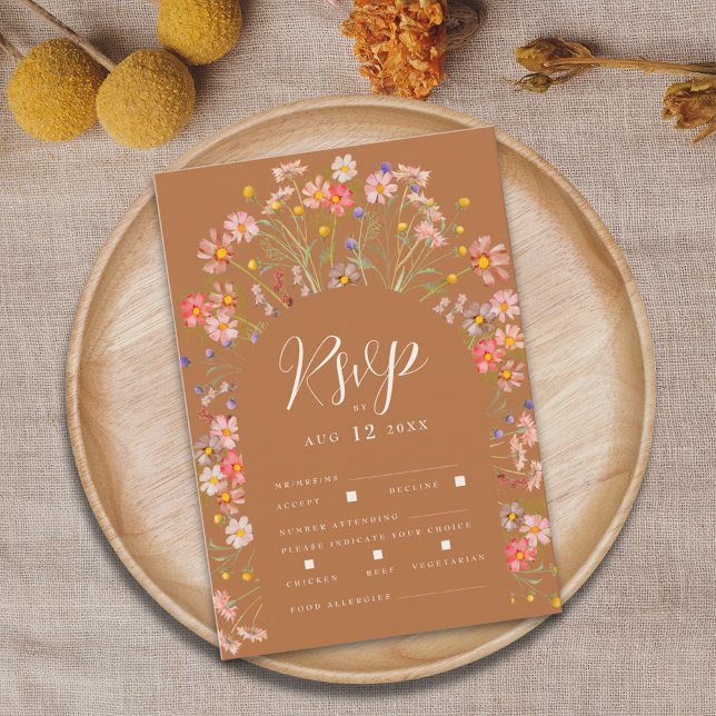 Boho Fall Floral Wedding Reply Meal Options RSVP Card (Boho rustic floral arch fall wedding RSVP card with meal choices and allergies watercolor wildflower)