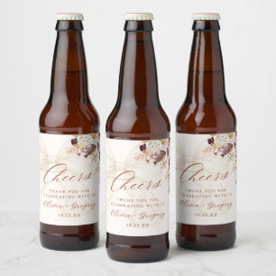Boho Fall Floral White Bow Wedding Beer Bottle Label