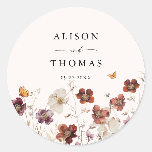 Boho Fall Florals Butterfly Wedding  Classic Round Sticker (Front)