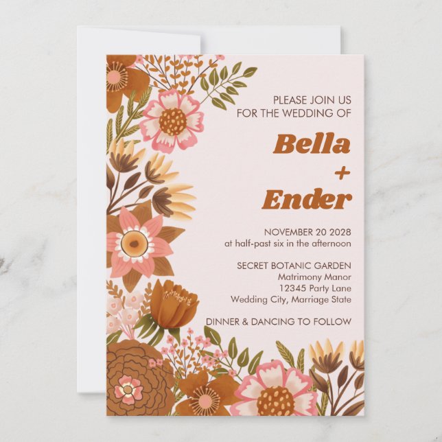 Boho Fall Flowers Terracotta Wedding Invitation (Front)