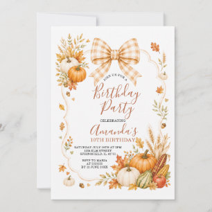 Boho Fall Harvest Pumpkin Plaid Bow Girl Birthday Invitation