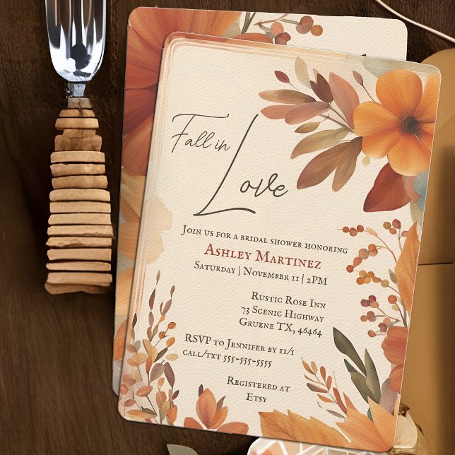 Boho Fall In Love Autumn Orange Bridal Shower Invitation (Boho Fall floral bridal shower invitation)