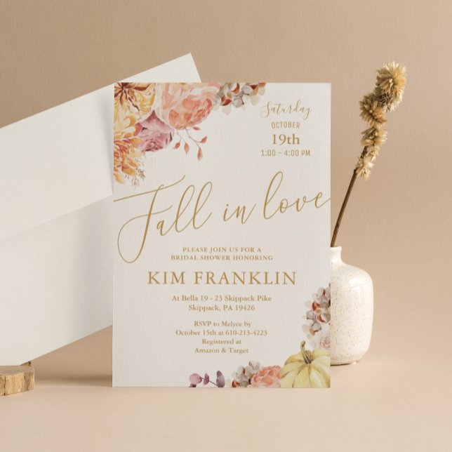 Boho Fall in Love Floral and Gold Bridal Shower Invitation (Creator Uploaded)