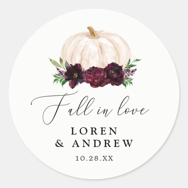 Boho Fall In Love Floral Pumpkin Wedding Classic Round Sticker (Front)