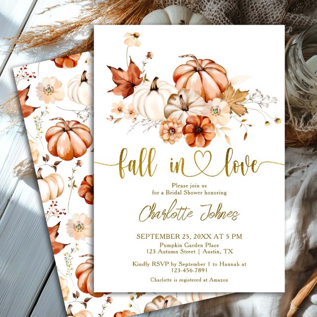 Boho Fall In Love Gold Cream Pumpkin Bridal Shower Invitation (Creator Uploaded)