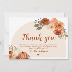 Boho Fall Little Pumpkin Autumn Floral Baby Shower Thank You Card