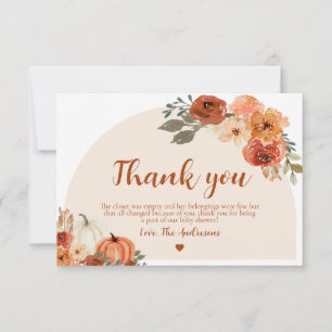 Boho Fall Little Pumpkin Autumn Floral Baby Shower Thank You Card
