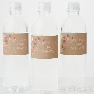 Boho Fall Mauve Pink Gold Leaves  Water Bottle Label