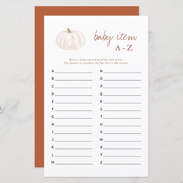 Boho Fall Pumpkin Baby Item A-Z Baby Shower Game (Front/Back)