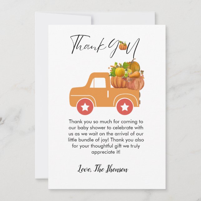 Boho Fall pumpkin car baby shower  thank you card (Front)