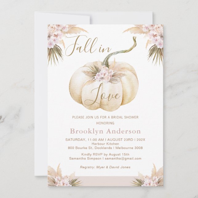 Boho Fall Pumpkin Fall In Love Bridal Shower Invitation (Front)