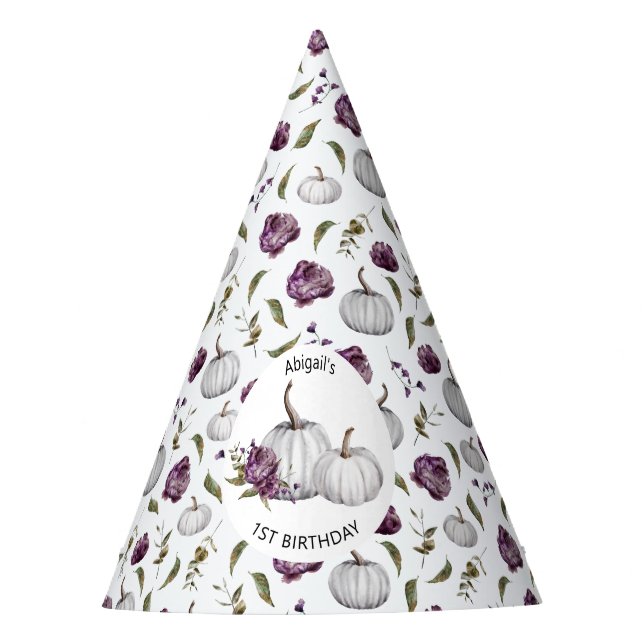 Boho Fall Pumpkin Floral Purple Birthday Party Hat (Front)