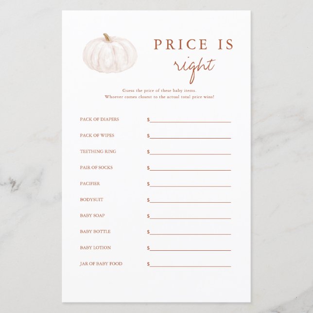 Boho Fall Pumpkin Price Is Right Baby Shower Game (Front)