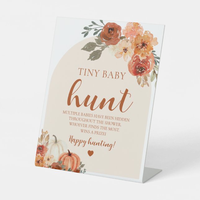 Boho Fall Pumpkin Tiny Baby Hunt Baby Shower Game Pedestal Sign (Front)