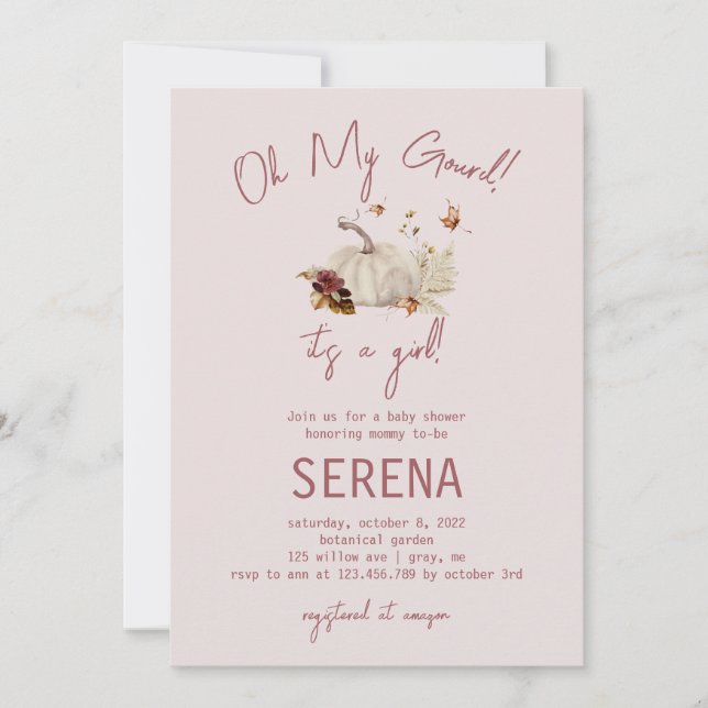 Boho Fall Pumpkin Watercolor Girl Baby Invitation  (Front)