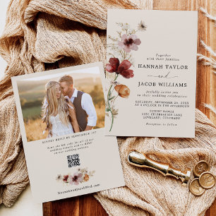 Boho Fall QR Code Photo Wildflower Wedding Invitation