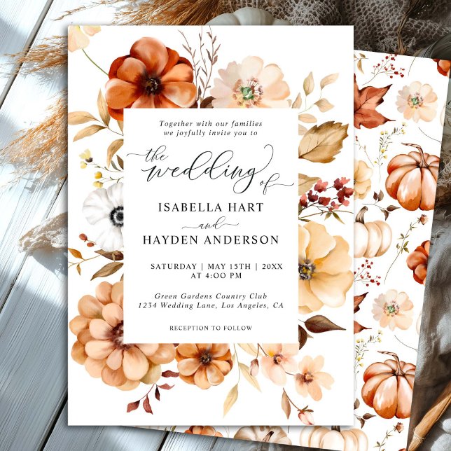 Boho Fall Rust Beige Floral Pumpkin Wedding Invitation (Creator Uploaded)