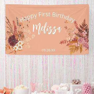Boho Fall Rustic Burgundy Happy First Birthday Banner