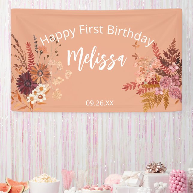 Boho Fall Rustic Burgundy Happy First Birthday Banner (Creator Uploaded)