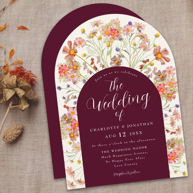 Boho Fall Rustic Floral Arch Burgundy Wedding Invitation (Boho fall rustic wildflowers floral arch burgundy and ivory cream wedding invitation Elegant script)