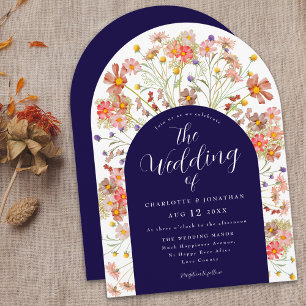 Boho Fall Rustic Floral Arch Navy Blue Wedding Invitation